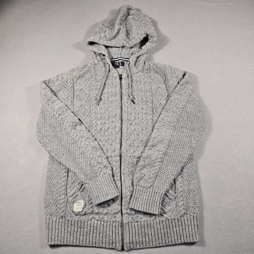 Le 31 Simons Men's Small Gray Full Zip Cable Knit Hoodie Sweater 100% Cotton